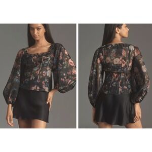 Anthropologie Floral Corset Top Sheer Balloon Sleeve Blouse M Romantic Victorian